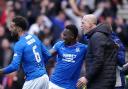 Matondo celebrates with Goldson and Clement after dramatic Old Firm equaliser