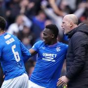 Matondo celebrates with Goldson and Clement after dramatic Old Firm equaliser