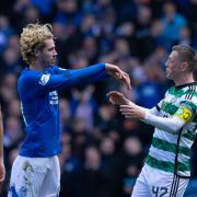 Todd Cantwell pushes Callum McGregor at the end of the most recent Old Firm game