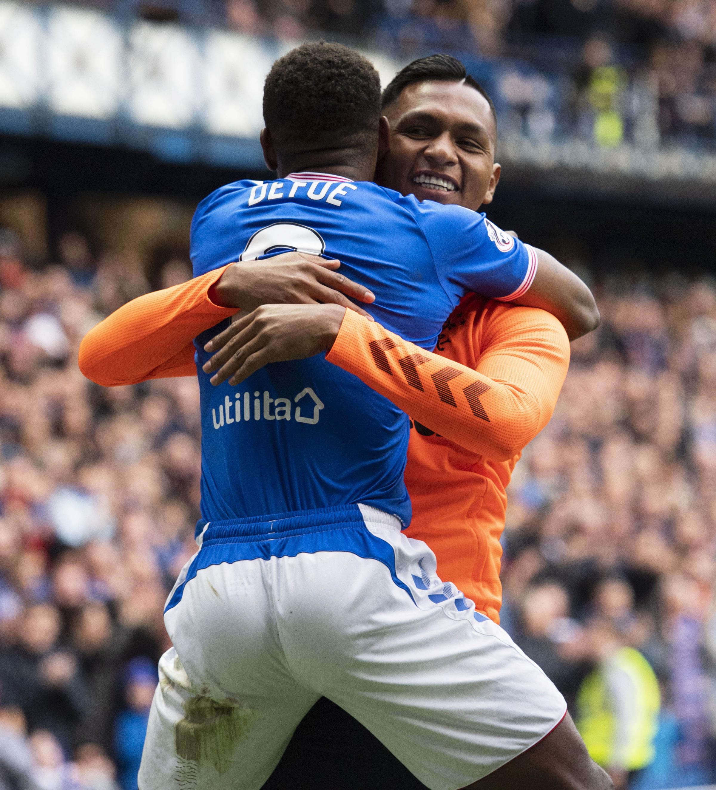 Rangers Review: Defoe celebrates with Alfredo Morelos after scoring at Ibrox 