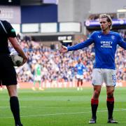 Rangers playmaker Todd Cantwell, right, protests to referee David Dickinson about a decision at Ibrox on Saturday