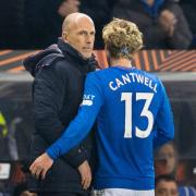 Todd Cantwell is substituted by Philippe Clement in the first half against Aris Limassol at Ibrox.