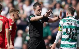 Connor Barron in discussion with referee Don Robertson and Celtic captain Callum McGregor